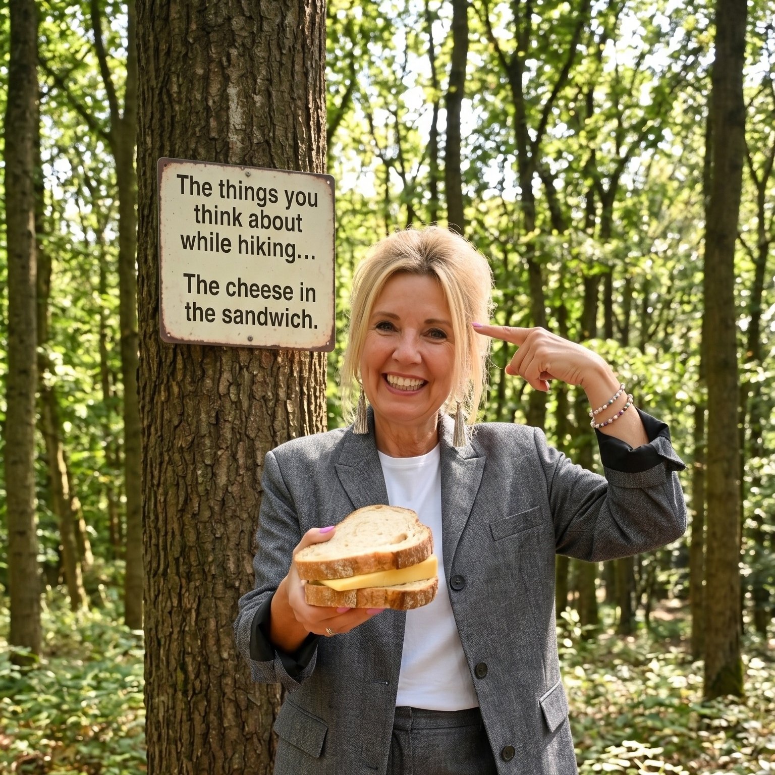 Saskia van Delft in a forest holding a cheese sandwich
